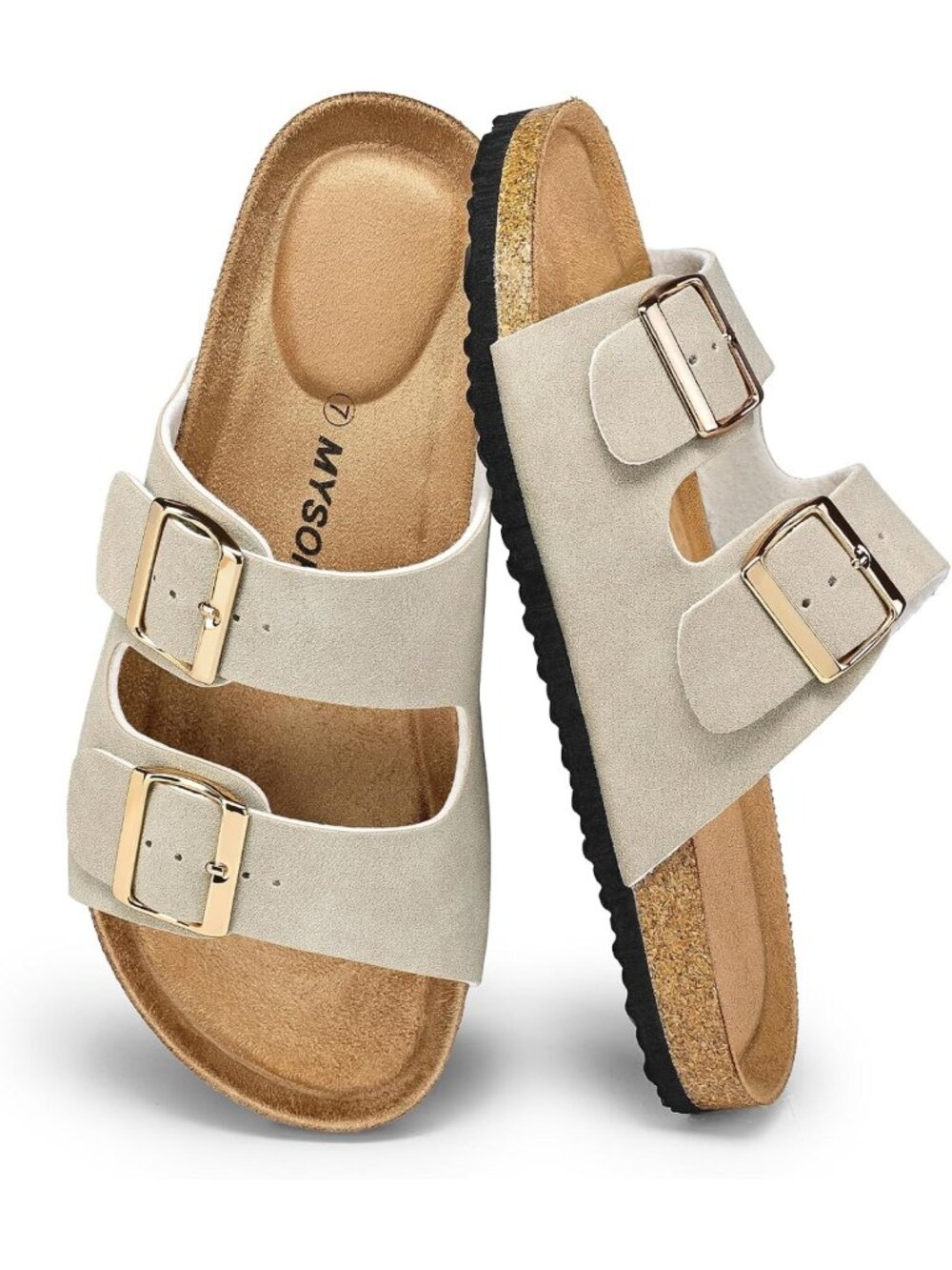 Comfortable Flat Sandals with Cork Footbed & 2 Straps - Stylish Summer Slides